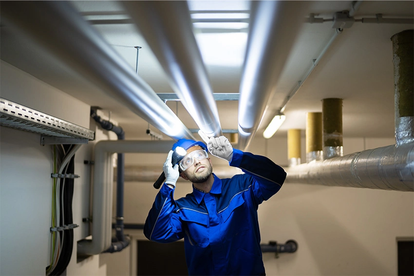 PVC Water Pipe Inspection By Construction Worker