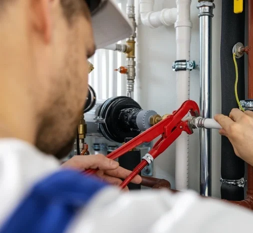 plumber working with pipelines. tighten plumbing fittings