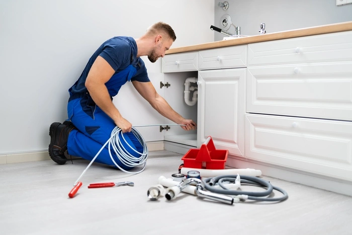 Male Plumber Cleaning Clogged Sink Pipe In Kitchen