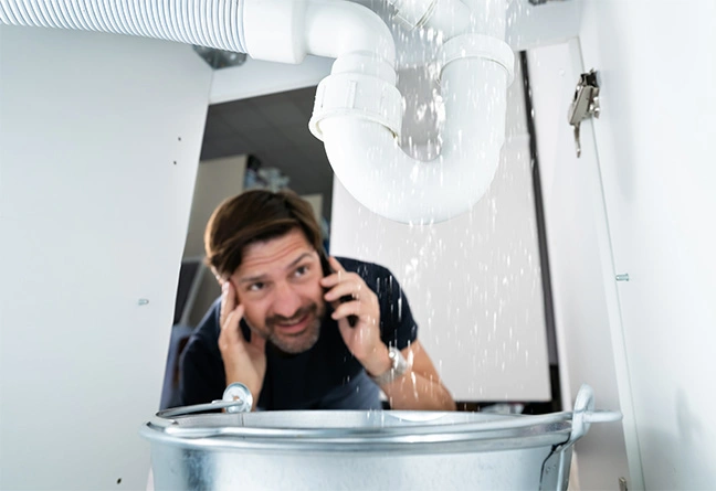 Worried Man Calling Plumber While Watching Water Leaking From Sink