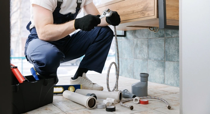 Plumber man fix repair service wraps fluoroplastic sealing material tape around faucet hose.