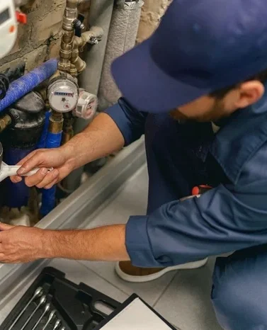 Professional plumber repairing water supply system at home uses a special tools