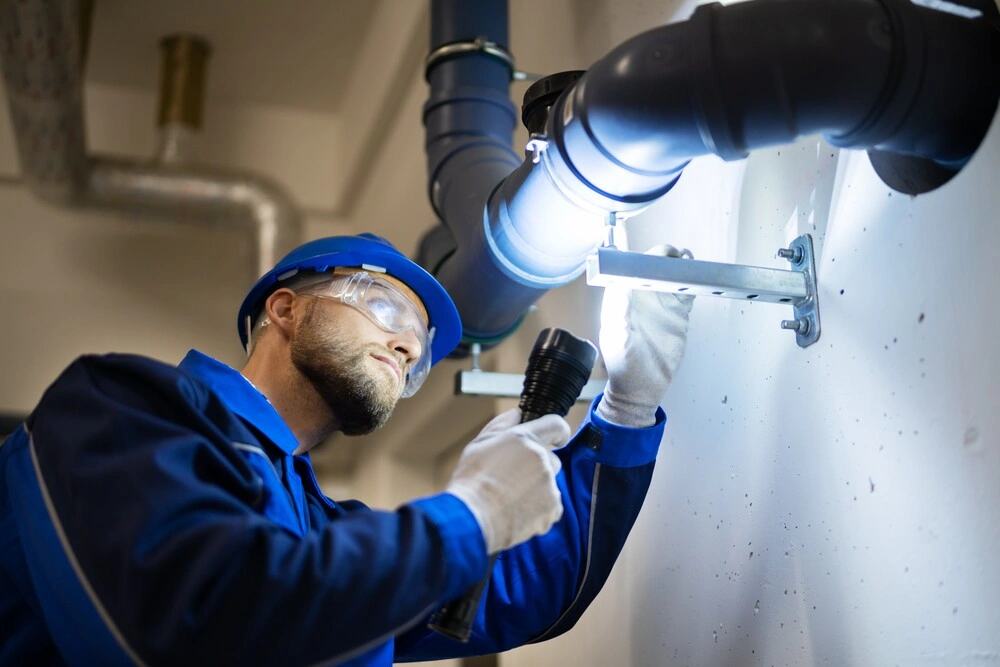 PVC Water Pipe Inspection By Construction Worker