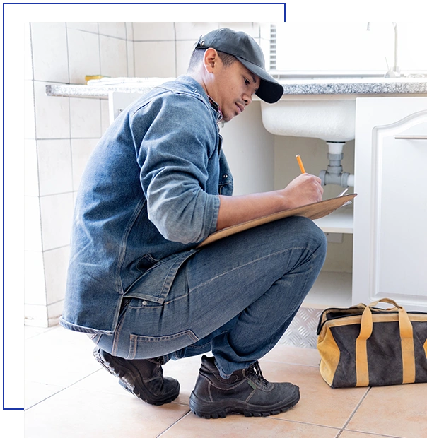 Plumber man, maintenance document and clipboard for pipeline, home renovation notes or builder installation.
