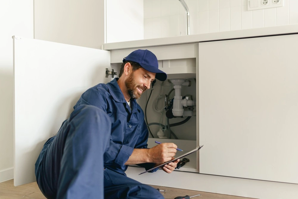 Professional plumber examine a siphon pipe on the kitchen sink after installation and making notes
