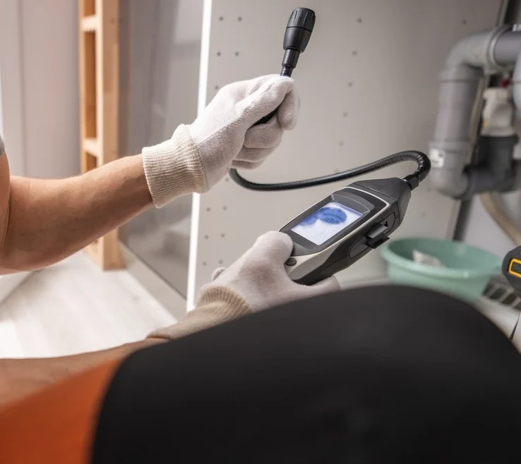 Technician with Gas Detector in His Hands Checking For Potential Leaks